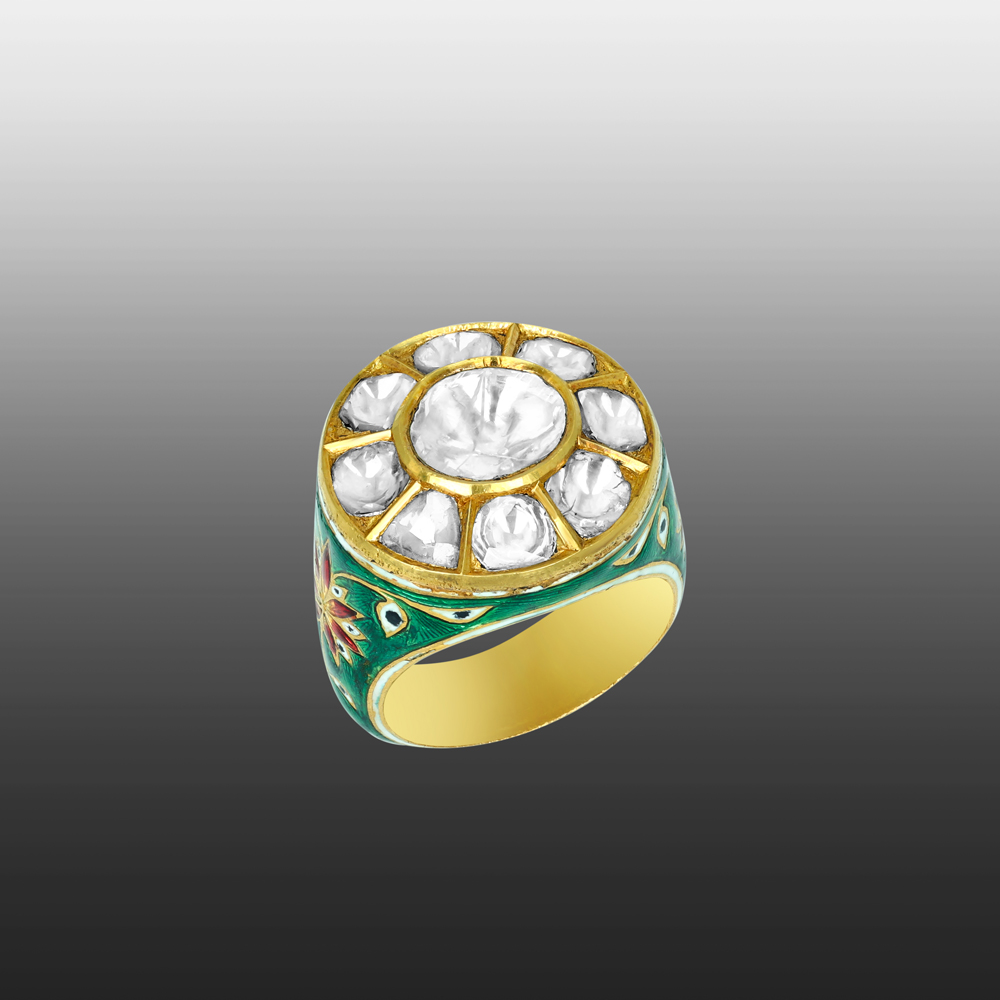 Polki Ring with Green Enamel Floral Motifs